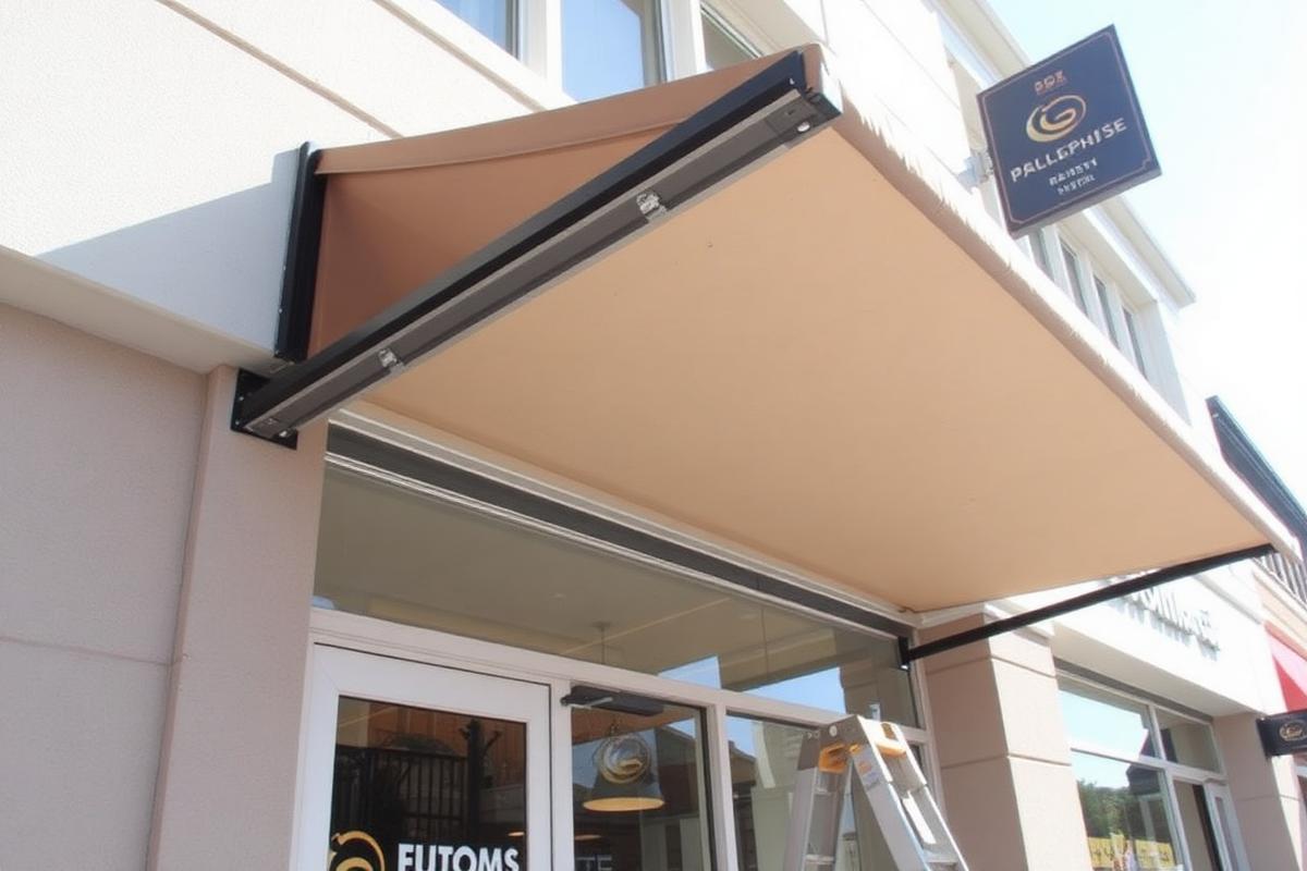 Toldo comercial instalado em fachada de loja
